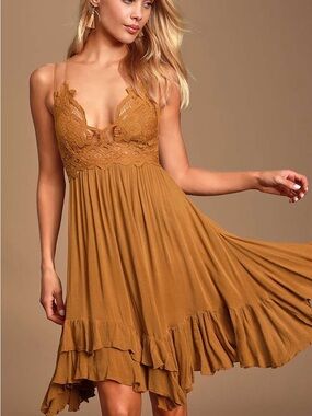Free People One Adella Slip Golden Yellow Lace Dress- Size XS